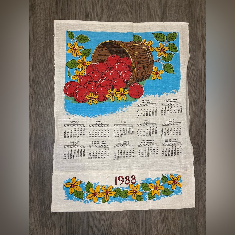 Vintage 1988 Linen Calendar Tea Towel with Apples and Basket